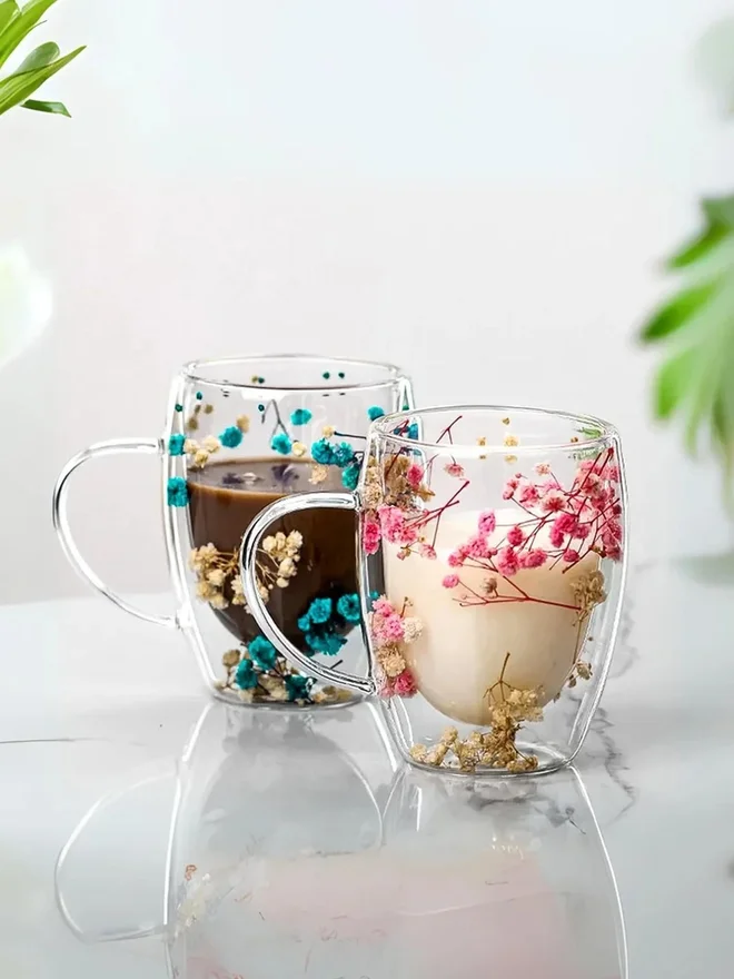 1Chase 1CHASE Set of 2 - Borosilicate Double Wall Flower Coffee Cup 350ml